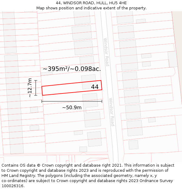 44, WINDSOR ROAD, HULL, HU5 4HE: Plot and title map