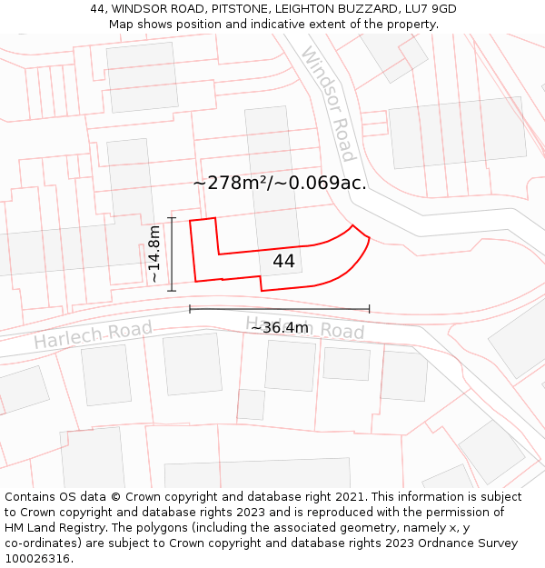 44, WINDSOR ROAD, PITSTONE, LEIGHTON BUZZARD, LU7 9GD: Plot and title map