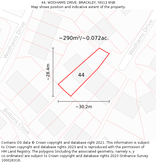 44, WODHAMS DRIVE, BRACKLEY, NN13 6NB: Plot and title map