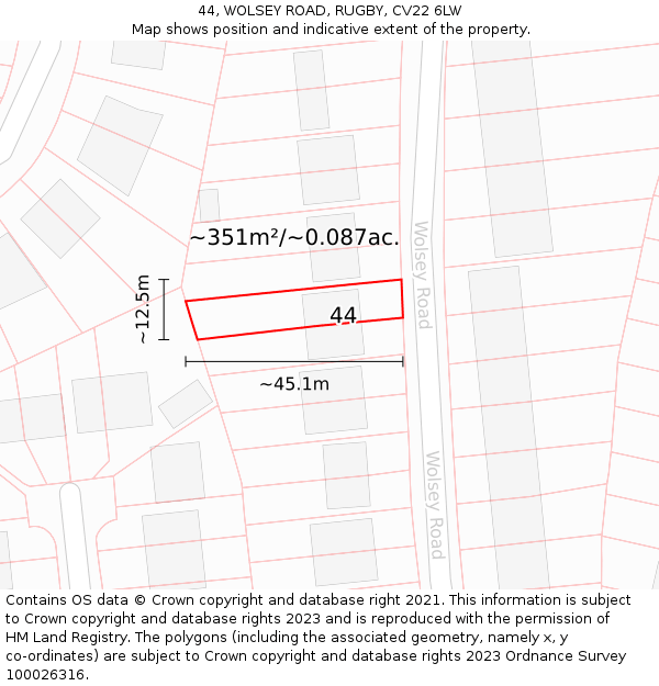 44, WOLSEY ROAD, RUGBY, CV22 6LW: Plot and title map
