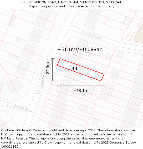 44, WOLVERTON ROAD, HAVERSHAM, MILTON KEYNES, MK19 7AA: Plot and title map