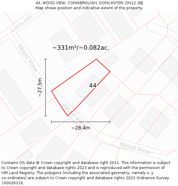44, WOOD VIEW, CONISBROUGH, DONCASTER, DN12 2BJ: Plot and title map