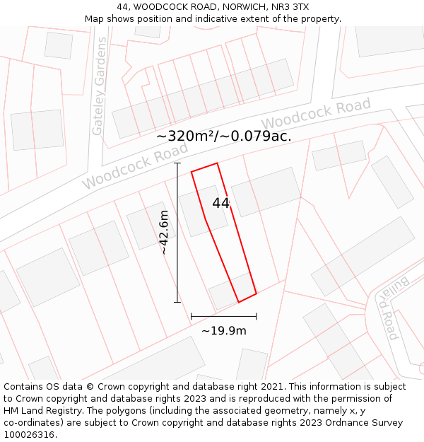 44, WOODCOCK ROAD, NORWICH, NR3 3TX: Plot and title map