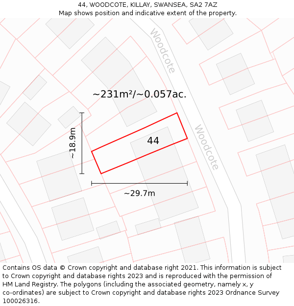 44, WOODCOTE, KILLAY, SWANSEA, SA2 7AZ: Plot and title map