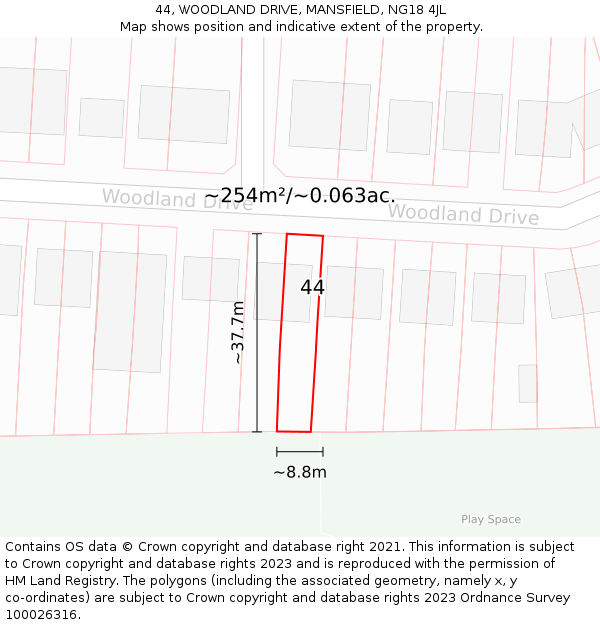 44, WOODLAND DRIVE, MANSFIELD, NG18 4JL: Plot and title map