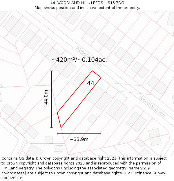 44, WOODLAND HILL, LEEDS, LS15 7DG: Plot and title map