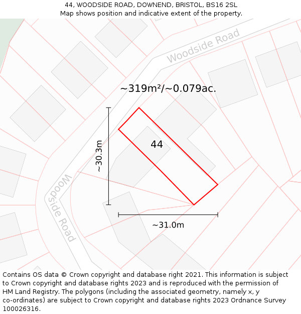44, WOODSIDE ROAD, DOWNEND, BRISTOL, BS16 2SL: Plot and title map