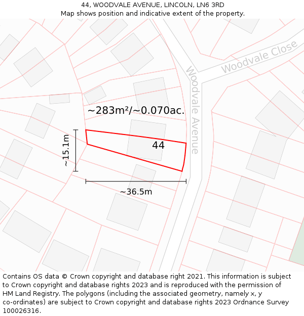 44, WOODVALE AVENUE, LINCOLN, LN6 3RD: Plot and title map