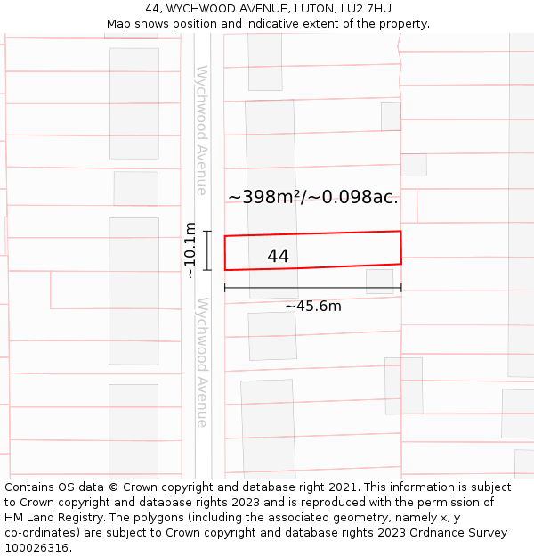44, WYCHWOOD AVENUE, LUTON, LU2 7HU: Plot and title map