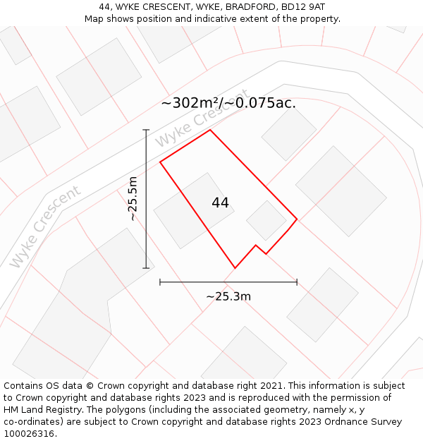 44, WYKE CRESCENT, WYKE, BRADFORD, BD12 9AT: Plot and title map