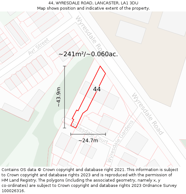 44, WYRESDALE ROAD, LANCASTER, LA1 3DU: Plot and title map