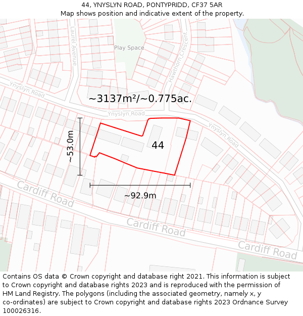 44, YNYSLYN ROAD, PONTYPRIDD, CF37 5AR: Plot and title map