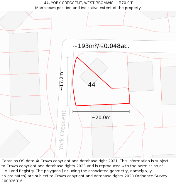 44, YORK CRESCENT, WEST BROMWICH, B70 0JT: Plot and title map