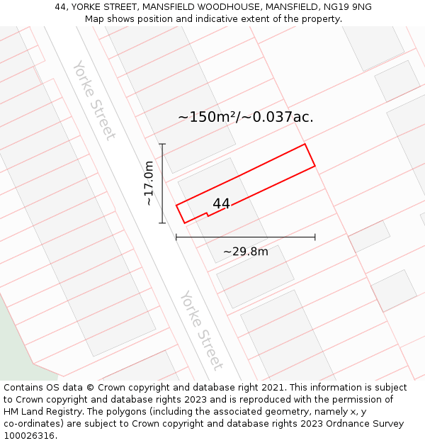 44, YORKE STREET, MANSFIELD WOODHOUSE, MANSFIELD, NG19 9NG: Plot and title map