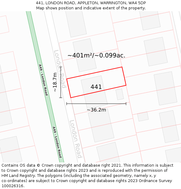 441, LONDON ROAD, APPLETON, WARRINGTON, WA4 5DP: Plot and title map