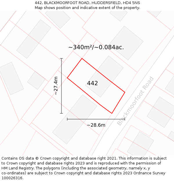 442, BLACKMOORFOOT ROAD, HUDDERSFIELD, HD4 5NS: Plot and title map