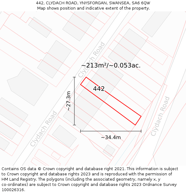 442, CLYDACH ROAD, YNYSFORGAN, SWANSEA, SA6 6QW: Plot and title map