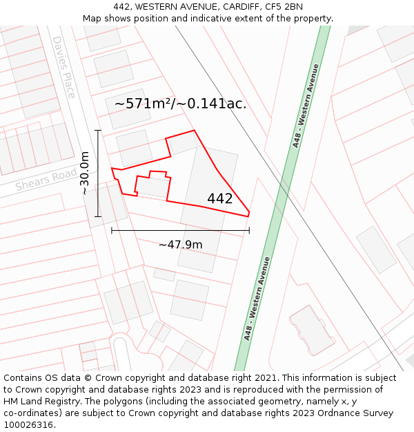 442, WESTERN AVENUE, CARDIFF, CF5 2BN: Plot and title map