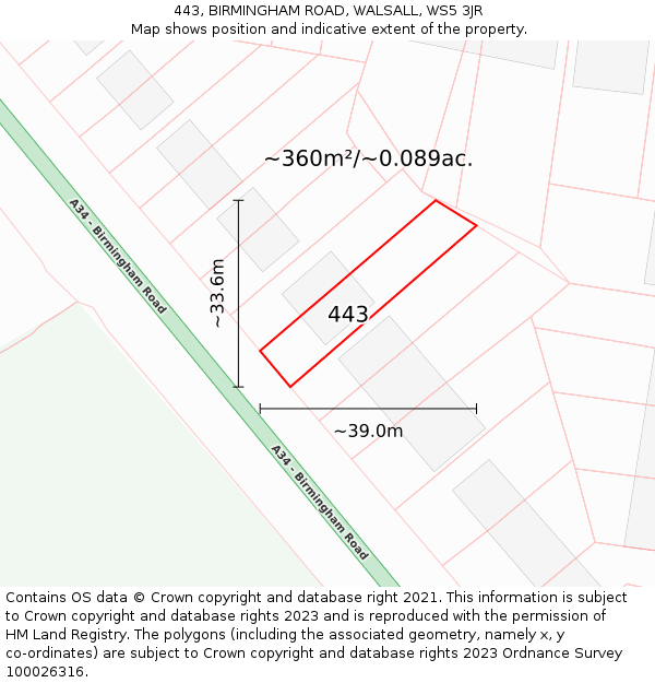 443, BIRMINGHAM ROAD, WALSALL, WS5 3JR: Plot and title map