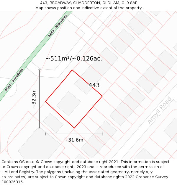 443, BROADWAY, CHADDERTON, OLDHAM, OL9 8AP: Plot and title map
