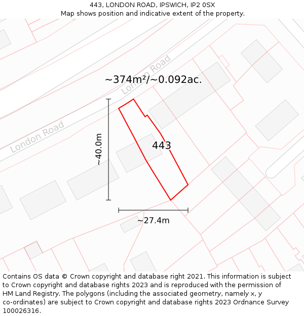 443, LONDON ROAD, IPSWICH, IP2 0SX: Plot and title map