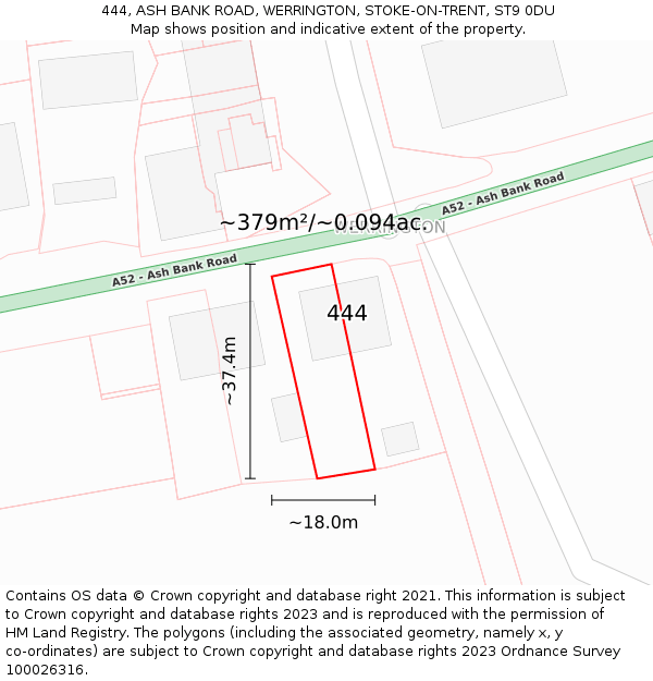 444, ASH BANK ROAD, WERRINGTON, STOKE-ON-TRENT, ST9 0DU: Plot and title map