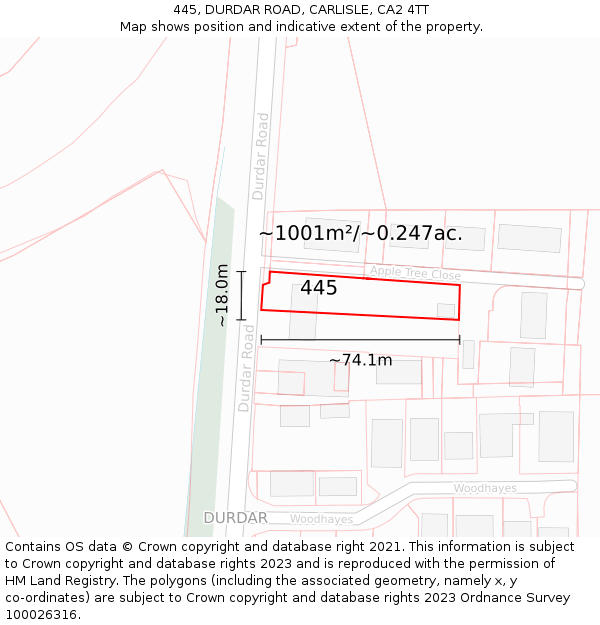 445, DURDAR ROAD, CARLISLE, CA2 4TT: Plot and title map