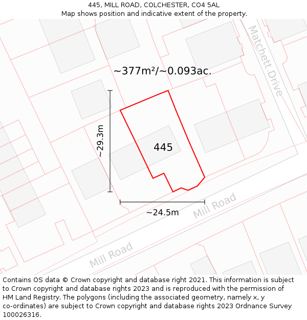 445, MILL ROAD, COLCHESTER, CO4 5AL: Plot and title map