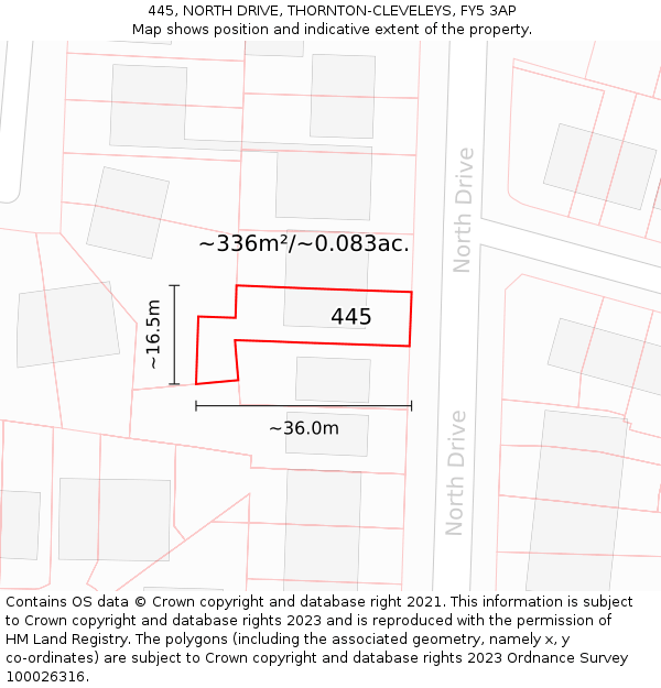 445, NORTH DRIVE, THORNTON-CLEVELEYS, FY5 3AP: Plot and title map