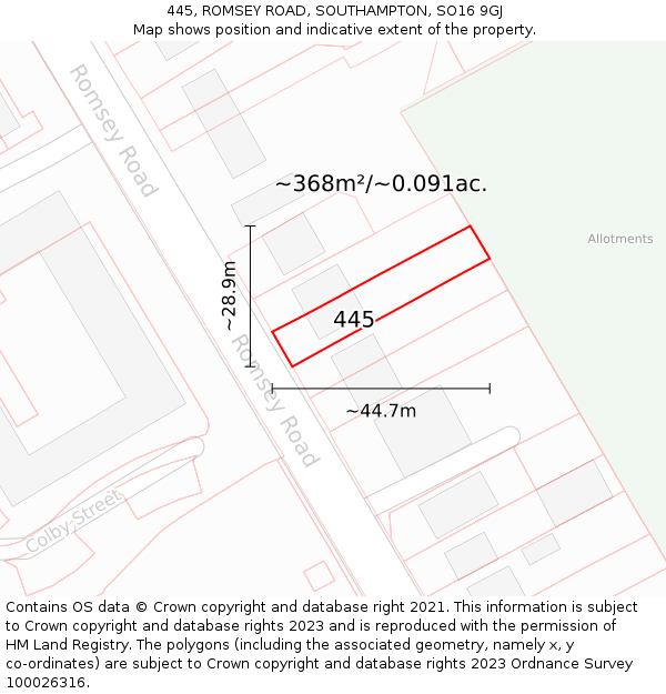 445, ROMSEY ROAD, SOUTHAMPTON, SO16 9GJ: Plot and title map