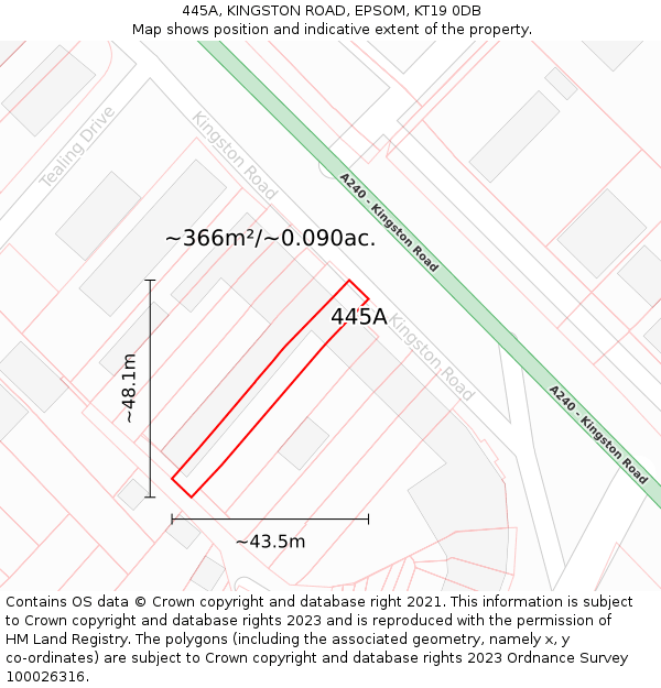 445A, KINGSTON ROAD, EPSOM, KT19 0DB: Plot and title map