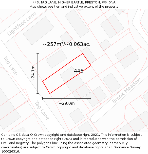 446, TAG LANE, HIGHER BARTLE, PRESTON, PR4 0NA: Plot and title map