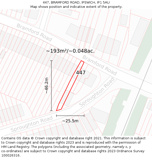 447, BRAMFORD ROAD, IPSWICH, IP1 5AU: Plot and title map