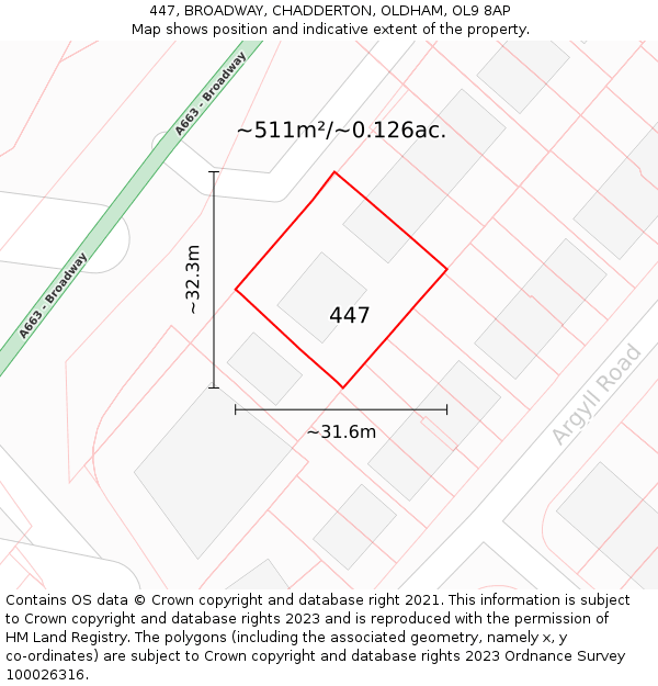 447, BROADWAY, CHADDERTON, OLDHAM, OL9 8AP: Plot and title map