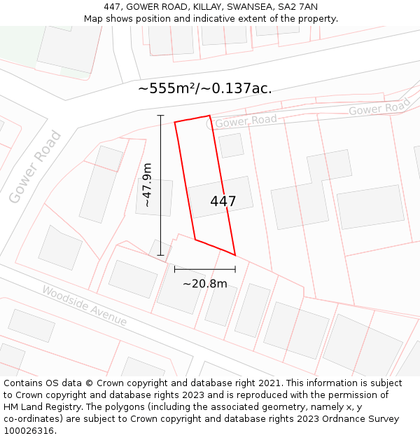 447, GOWER ROAD, KILLAY, SWANSEA, SA2 7AN: Plot and title map