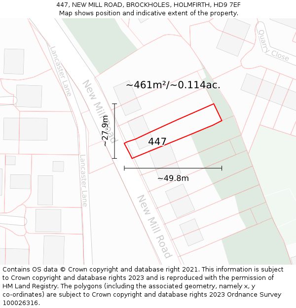 447, NEW MILL ROAD, BROCKHOLES, HOLMFIRTH, HD9 7EF: Plot and title map