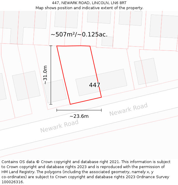 447, NEWARK ROAD, LINCOLN, LN6 8RT: Plot and title map