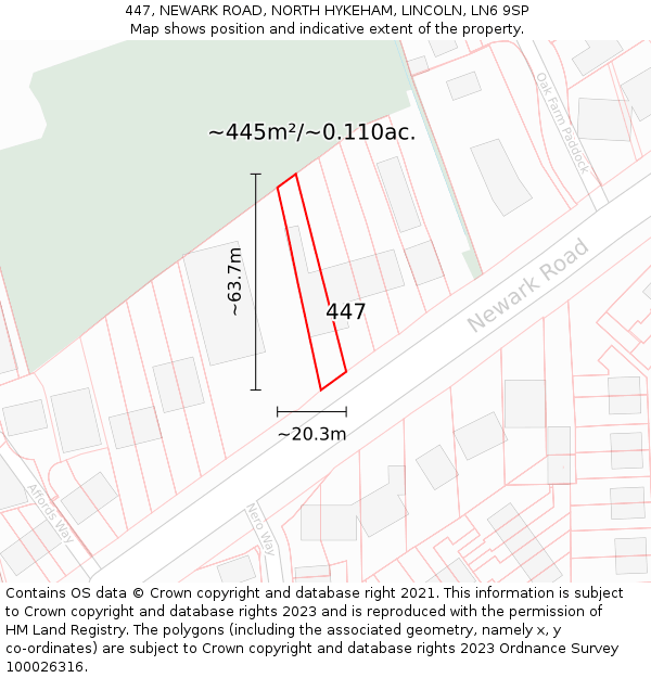 447, NEWARK ROAD, NORTH HYKEHAM, LINCOLN, LN6 9SP: Plot and title map