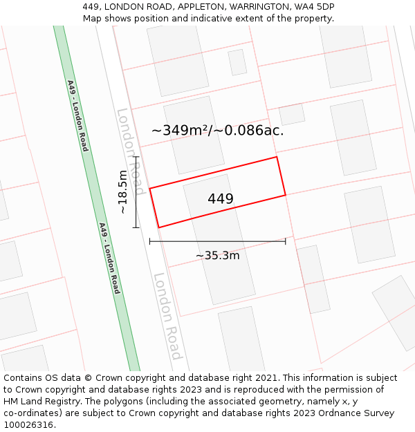 449, LONDON ROAD, APPLETON, WARRINGTON, WA4 5DP: Plot and title map