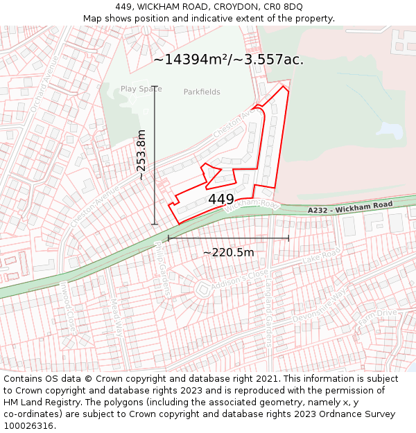 449, WICKHAM ROAD, CROYDON, CR0 8DQ: Plot and title map