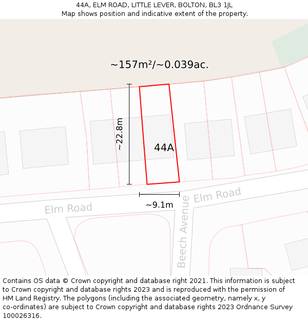 44A, ELM ROAD, LITTLE LEVER, BOLTON, BL3 1JL: Plot and title map