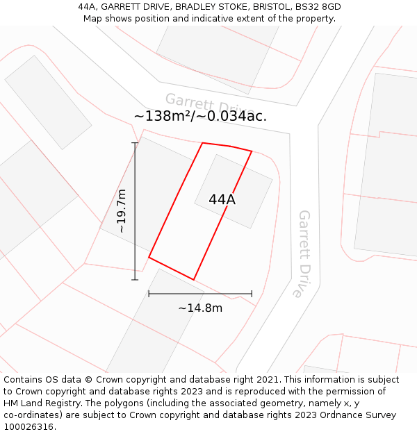 44A, GARRETT DRIVE, BRADLEY STOKE, BRISTOL, BS32 8GD: Plot and title map
