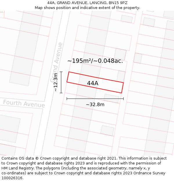 44A, GRAND AVENUE, LANCING, BN15 9PZ: Plot and title map