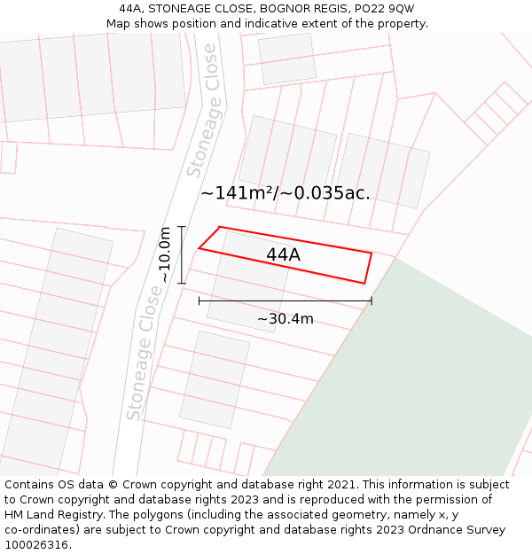 44A, STONEAGE CLOSE, BOGNOR REGIS, PO22 9QW: Plot and title map