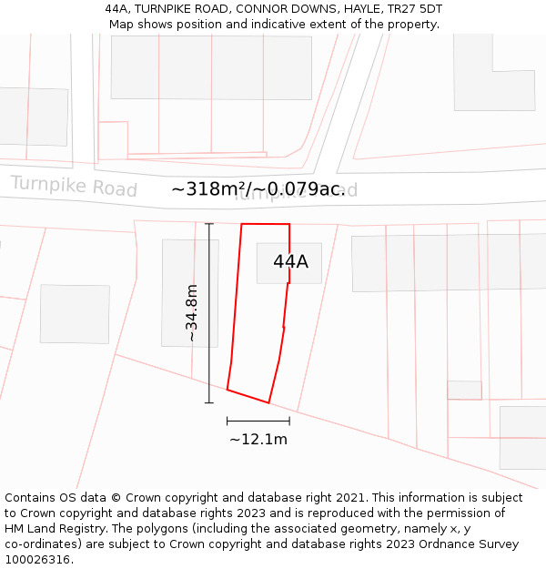 44A, TURNPIKE ROAD, CONNOR DOWNS, HAYLE, TR27 5DT: Plot and title map
