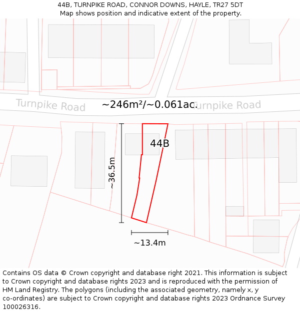 44B, TURNPIKE ROAD, CONNOR DOWNS, HAYLE, TR27 5DT: Plot and title map