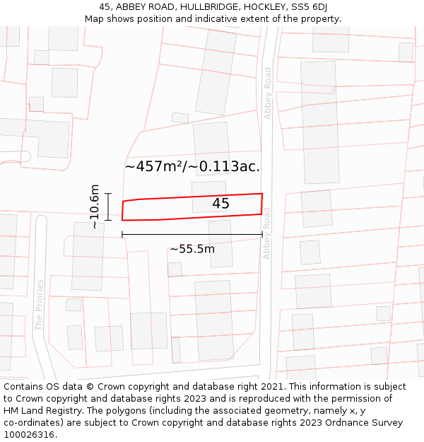 45, ABBEY ROAD, HULLBRIDGE, HOCKLEY, SS5 6DJ: Plot and title map
