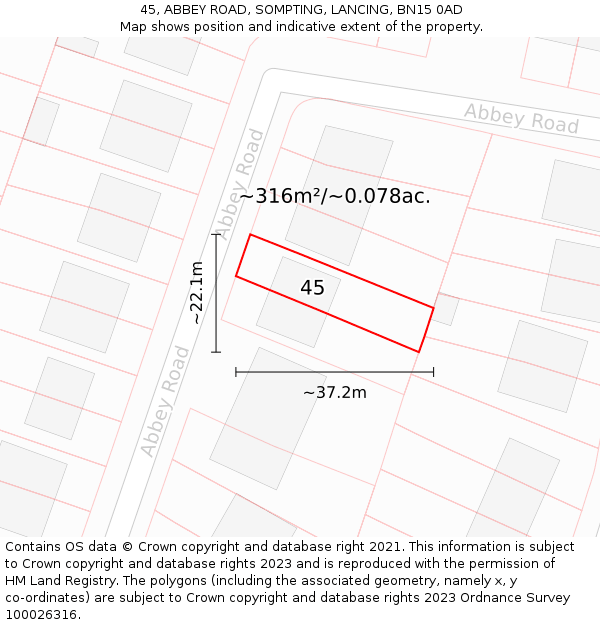 45, ABBEY ROAD, SOMPTING, LANCING, BN15 0AD: Plot and title map