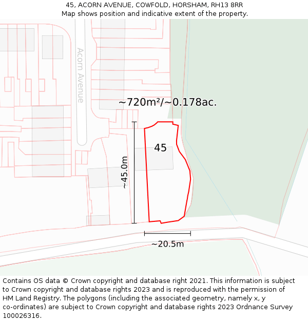 45, ACORN AVENUE, COWFOLD, HORSHAM, RH13 8RR: Plot and title map