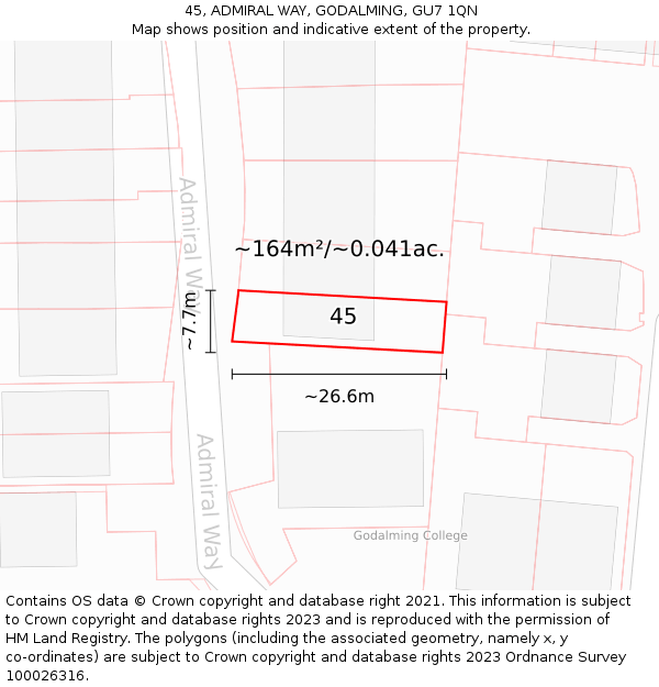 45, ADMIRAL WAY, GODALMING, GU7 1QN: Plot and title map